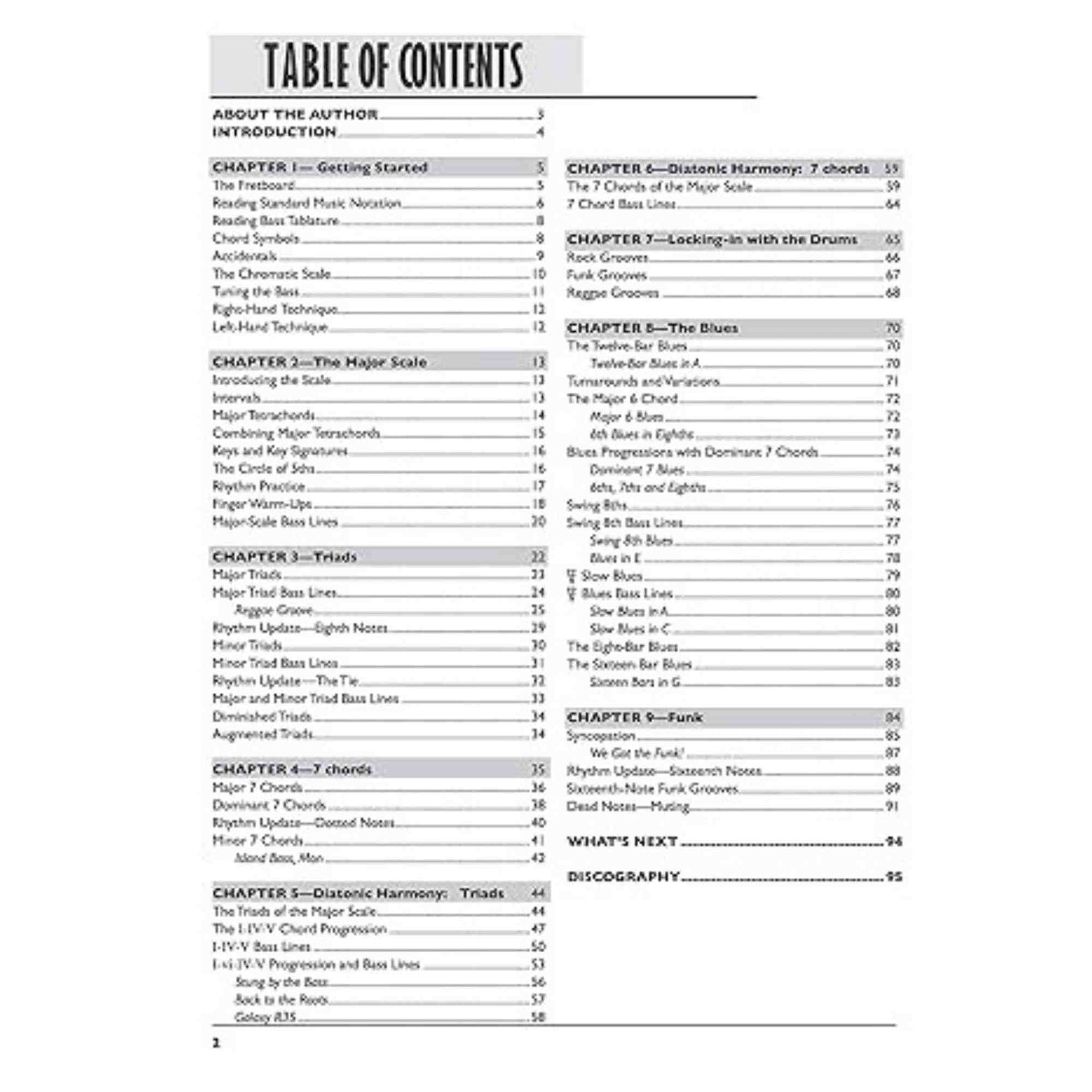 Table of contents for a music book called Beginning Electric Bass on a white background
