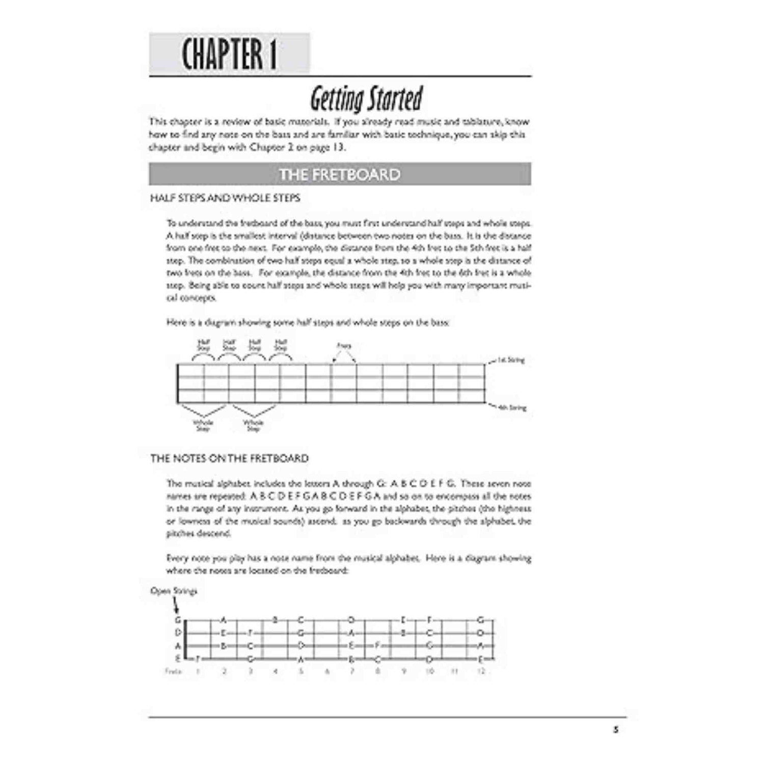 Bass guitar lesson book page with text and fretboard diagrams on a white background