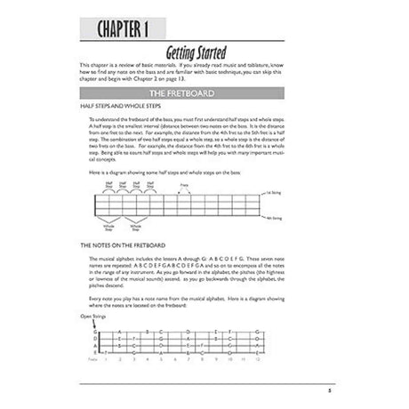 Bass guitar lesson book page with text and fretboard diagrams on a white background