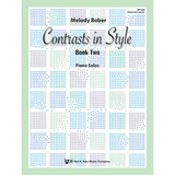 The image shows the cover of a piano music book titled "Contrasts in Style - Book Two" by Melody Bober, published by Neil A. Kjos Music Company. The cover features a modern geometric pattern of small blue, teal, and gray squares on a white background with a light green border. It indicates the book contains piano solos for intermediate to late intermediate players, with product code WP1209.