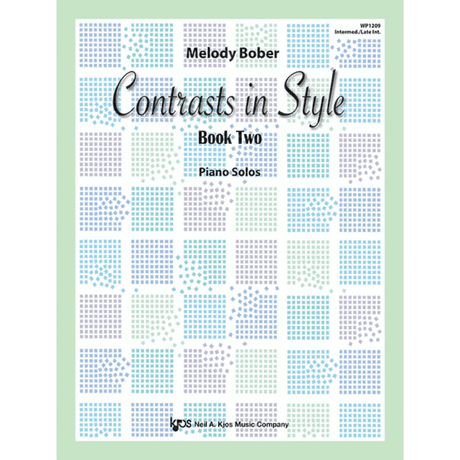 The image shows the cover of a piano music book titled "Contrasts in Style - Book Two" by Melody Bober, published by Neil A. Kjos Music Company. The cover features a modern geometric pattern of small blue, teal, and gray squares on a white background with a light green border. It indicates the book contains piano solos for intermediate to late intermediate players, with product code WP1209.