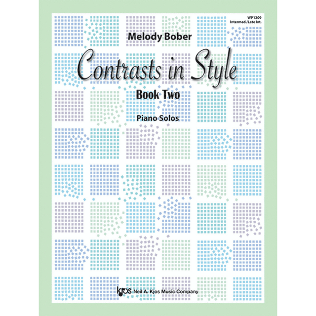 The image shows the cover of a piano music book titled "Contrasts in Style - Book Two" by Melody Bober, published by Neil A. Kjos Music Company. The cover features a modern geometric pattern of small blue, teal, and gray squares on a white background with a light green border. It indicates the book contains piano solos for intermediate to late intermediate players, with product code WP1209.