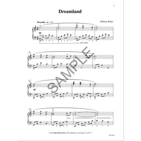 The image shows a piano sheet music titled "Dreamland" by Melody Bober in 3/4 time with a tempo marking "Dreamily (♩=112)." It includes treble and bass clefs, dynamic markings like "mp," pedal instructions, fingering numbers, measure numbers, and a "SAMPLE" watermark. Publisher info from Kjos Music Press is visible. The piece has a gentle, flowing style suitable for intermediate pianists.