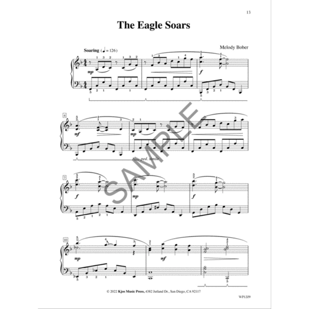 The image shows page 13 of the piano sheet music titled "The Eagle Soars" by Melody Bober, published by Kjos Music Press (© 2022). The score is in 4/4 time with a tempo marking of "Soaring" (quarter note = 126). It features treble and bass clefs, dynamic markings (mp, mf, f), flowing melodic lines with slurs, fingerings, and expressive phrasing, depicting an eagle’s flight. A "SAMPLE" watermark is visible.