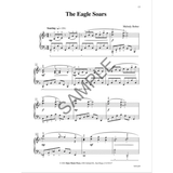The image shows page 13 of the piano sheet music titled "The Eagle Soars" by Melody Bober, published by Kjos Music Press (© 2022). The score is in 4/4 time with a tempo marking of "Soaring" (quarter note = 126). It features treble and bass clefs, dynamic markings (mp, mf, f), flowing melodic lines with slurs, fingerings, and expressive phrasing, depicting an eagle’s flight. A "SAMPLE" watermark is visible.