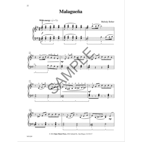 The image shows a page of piano sheet music titled "Malagueña" by Melody Bober (page 22). It features a 4/4 time signature, a minor key, tempo marking "With energy (♩=72)," and dynamic markings like f, mp, and mf. The grand staff includes pedal, fingering, and phrasing marks. Measures 1, 4, 7, and 10 are visible. Copyright 2022 by Kjos Music Press, catalog WP1230. A "SAMPLE" watermark is present.