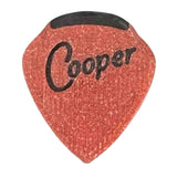 The image shows a reddish-orange guitar pick with a textured, sparkly surface and black "Cooper" lettering. It features a black rubber or plastic grip at the top to prevent slipping. This common guitar accessory is used by musicians to pluck or strum strings.