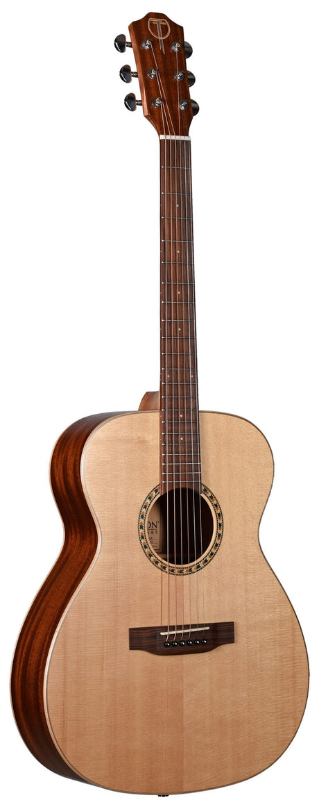 The image shows a classic acoustic guitar with a light spruce or cedar top and darker mahogany back, sides, and neck. It features a traditional sound hole with decorative rosette, six tuning pegs on the headstock, a dark rosewood fretboard with inlays, and a black bridge. The guitar has a natural finish that highlights the wood grain and showcases a well-crafted, mid to high-end design suitable for various musical styles.