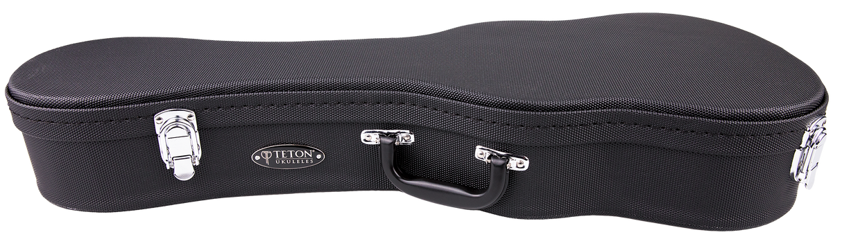 The image shows a black Teton ukulele hard case with a classic guitar-like shape but smaller size. It has a textured exterior, chrome corner protectors and latches, a central black handle, and the "TETON" logo. The case features reinforced corners and secure latches, offering durable protection and portability for ukuleles.