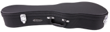 The image shows a black Teton ukulele hard case with a classic guitar-like shape but smaller size. It has a textured exterior, chrome corner protectors and latches, a central black handle, and the "TETON" logo. The case features reinforced corners and secure latches, offering durable protection and portability for ukuleles.