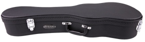 The image shows a black Teton ukulele hard case with a classic guitar-like shape but smaller size. It has a textured exterior, chrome corner protectors and latches, a central black handle, and the "TETON" logo. The case features reinforced corners and secure latches, offering durable protection and portability for ukuleles.