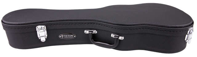 The image shows a black Teton ukulele hard case with a classic guitar-like shape but smaller size. It has a textured exterior, chrome corner protectors and latches, a central black handle, and the "TETON" logo. The case features reinforced corners and secure latches, offering durable protection and portability for ukuleles.