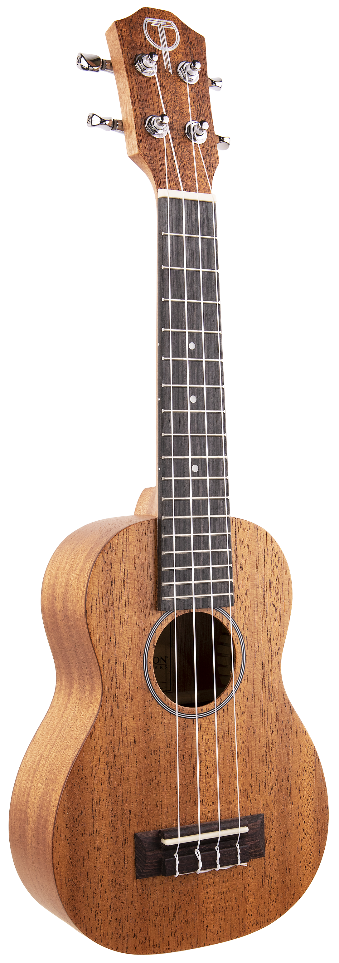 The image shows a ukulele, a small four-stringed wooden instrument from the guitar family, often linked to Hawaiian music. Visible are the body, neck, fretboard, and headstock with tuning pegs. The wood grain and tuning keys are clearly shown, highlighting its features as a stringed musical instrument.