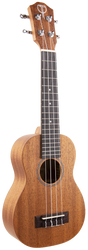 The image shows a ukulele, a small four-stringed wooden instrument from the guitar family, often linked to Hawaiian music. Visible are the body, neck, fretboard, and headstock with tuning pegs. The wood grain and tuning keys are clearly shown, highlighting its features as a stringed musical instrument.