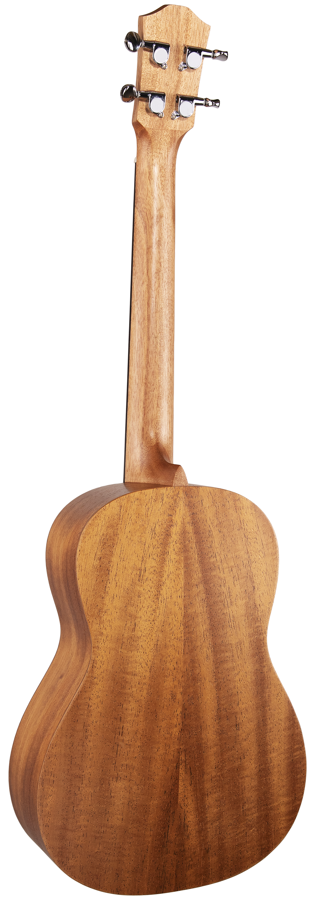 The image shows the back of a wooden ukulele with a small, rounded body and tuning pegs on the headstock. Made from light brown wood, possibly mahogany or a similar tonewood, the instrument's strings are not visible, suggesting it is either unstrung or photographed from behind to highlight the wood and hardware craftsmanship.