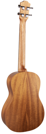 The image shows the back of a wooden ukulele with a small, rounded body and tuning pegs on the headstock. Made from light brown wood, possibly mahogany or a similar tonewood, the instrument's strings are not visible, suggesting it is either unstrung or photographed from behind to highlight the wood and hardware craftsmanship.