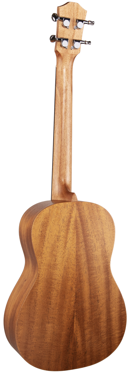 The image shows the back of a wooden ukulele with a small, rounded body and tuning pegs on the headstock. Made from light brown wood, possibly mahogany or a similar tonewood, the instrument's strings are not visible, suggesting it is either unstrung or photographed from behind to highlight the wood and hardware craftsmanship.