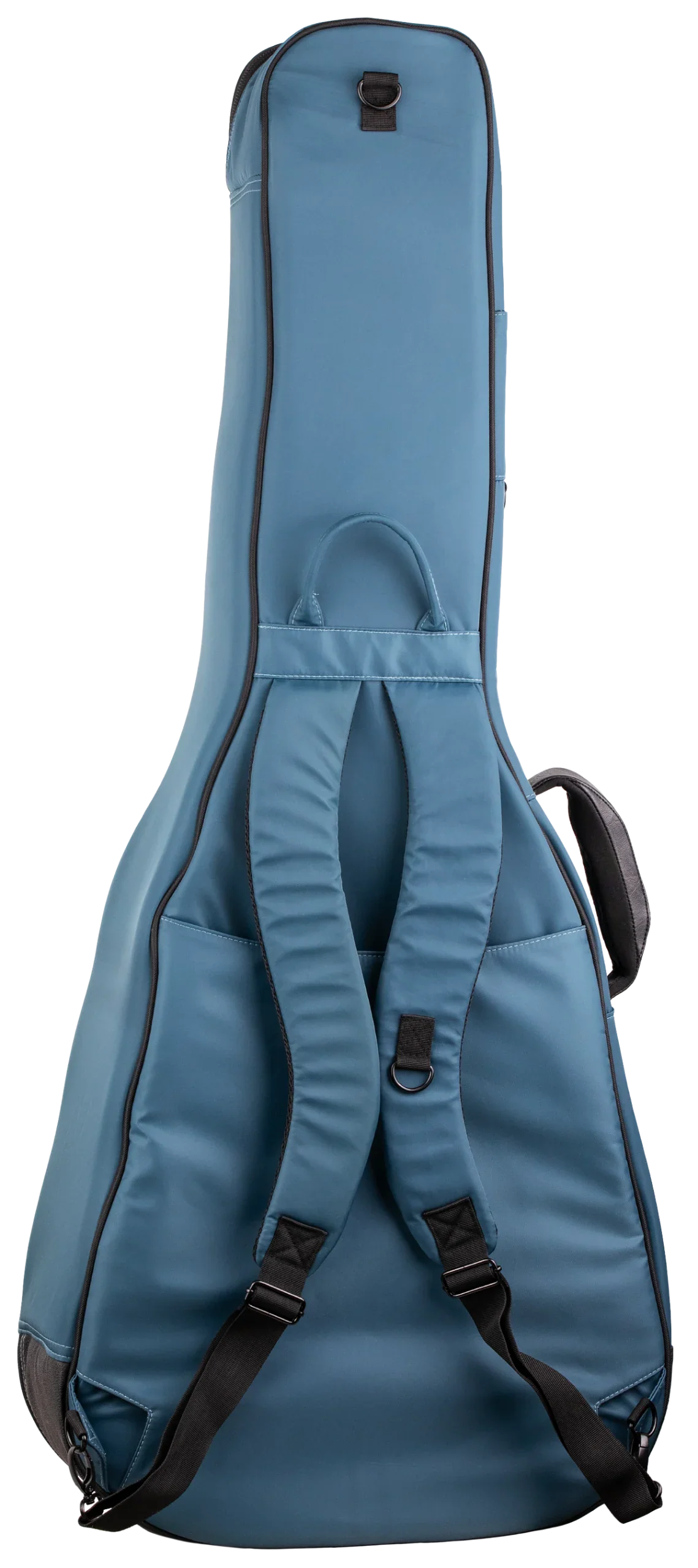 The image shows a steel blue/teal guitar gig bag with a padded, guitar-shaped design for acoustic or electric guitars. It features black trim, dual backpack-style straps, a top handle, a front accessory pocket, heavy-duty zippers, reinforced areas, and D-rings for durability. This lightweight, protective soft case is ideal for transporting guitars to gigs, lessons, or practice.