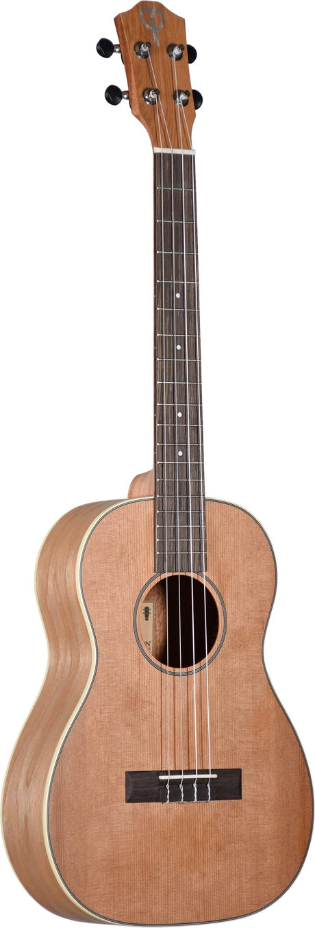 The image shows a tenor or concert-sized ukulele with a natural wood finish and visible grain. It features four black tuning pegs, four strings, a dark fretboard with white inlays, a central sound hole, white binding around the body edges, and a small bridge. The instrument appears well-crafted, likely with a spruce or cedar top, suitable for beginners and experienced players.
