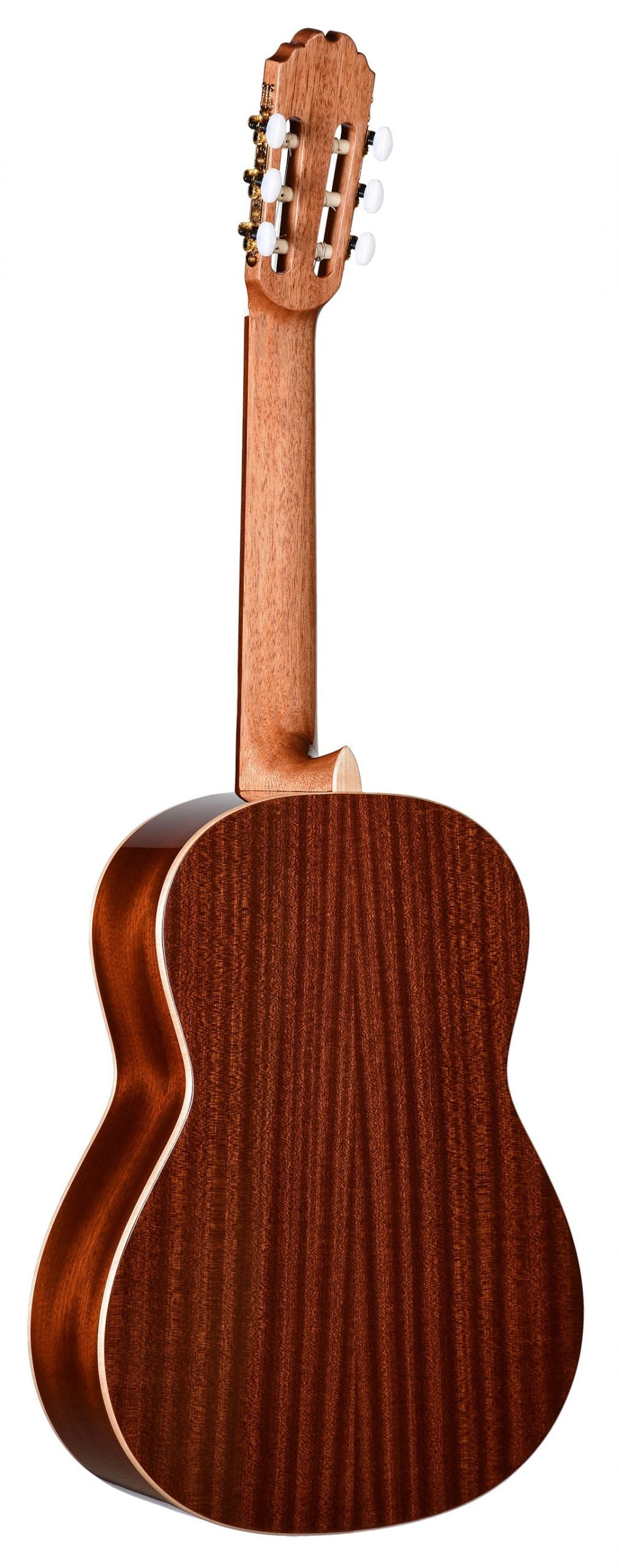 The image shows the back and side of a classical guitar with a reddish-brown wood finish and light-colored binding. It features a traditional waisted body shape, a slotted headstock with six white tuning pegs, and fine craftsmanship. The guitar appears to be made from mahogany or similar hardwood and is suited for classical, flamenco, and nylon-string fingerstyle music.