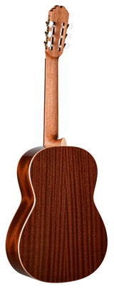 The image shows the back and side of a classical guitar with a reddish-brown wood finish and light-colored binding. It features a traditional waisted body shape, a slotted headstock with six white tuning pegs, and fine craftsmanship. The guitar appears to be made from mahogany or similar hardwood and is suited for classical, flamenco, and nylon-string fingerstyle music.