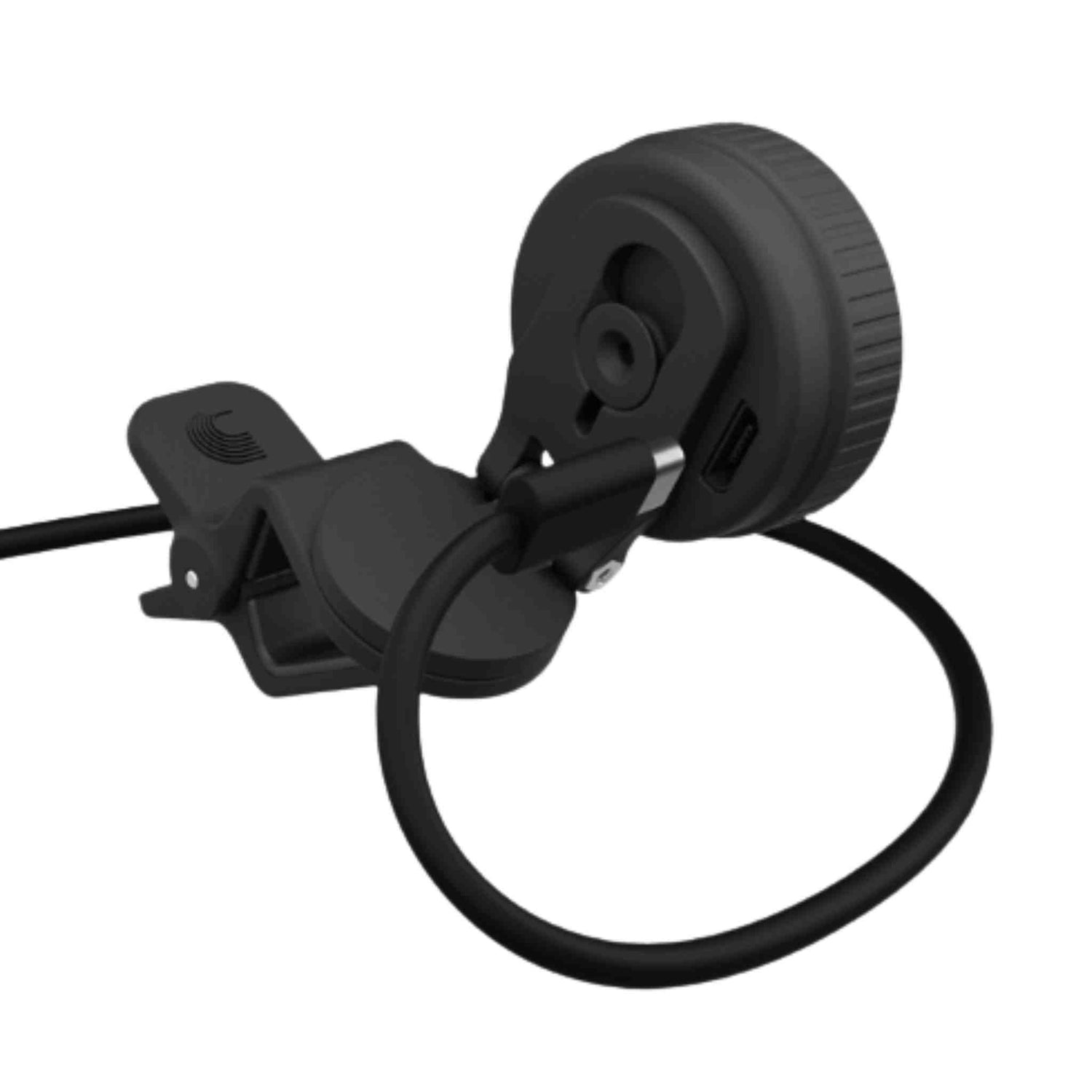 The image shows a black microphone clip, a musical accessory used to attach microphones to stands or surfaces. It features a circular clamp with ridged grips, an adjustable rotating and pivoting mount, and a cable management loop. Designed for secure, hands-free placement on music stands, drum rims, or instruments, it is commonly used in studios and live settings for precise microphone positioning and optimal sound capture.