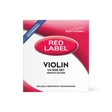 The image shows a package of Super-Sensitive Red Label violin strings, a complete medium gauge set for 1/4 size violins. The red and white packaging features a red oval with "RED LABEL," the brand name in the top right, and the tagline "Reliable, Responsive, Recommended." A blue banner marks it as a "Performance" grade product, ideal for student violinists and music education programs.