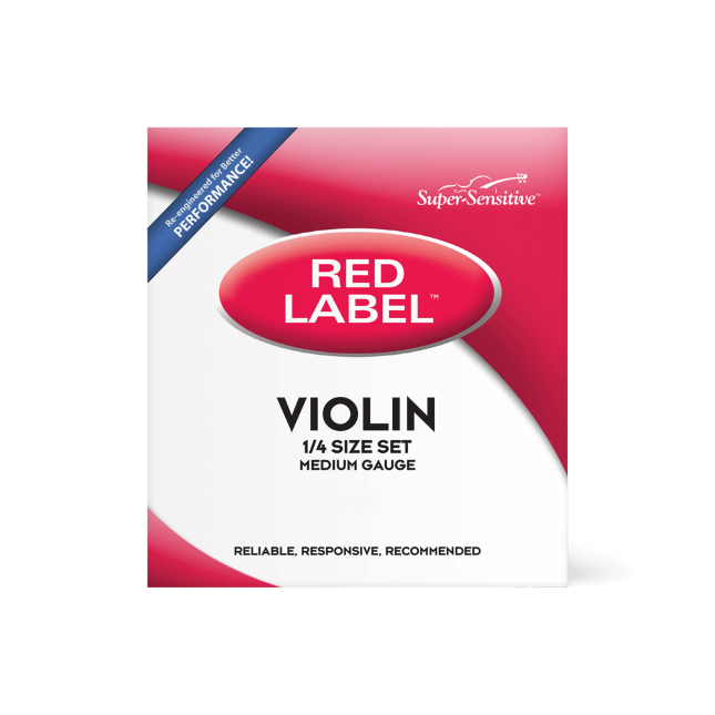 The image shows a package of Super-Sensitive Red Label violin strings, a complete medium gauge set for 1/4 size violins. The red and white packaging features a red oval with "RED LABEL," the brand name in the top right, and the tagline "Reliable, Responsive, Recommended." A blue banner marks it as a "Performance" grade product, ideal for student violinists and music education programs.