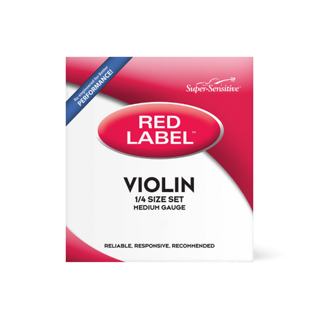 The image shows a package of Super-Sensitive Red Label violin strings, a complete medium gauge set for 1/4 size violins. The red and white packaging features a red oval with "RED LABEL," the brand name in the top right, and the tagline "Reliable, Responsive, Recommended." A blue banner marks it as a "Performance" grade product, ideal for student violinists and music education programs.