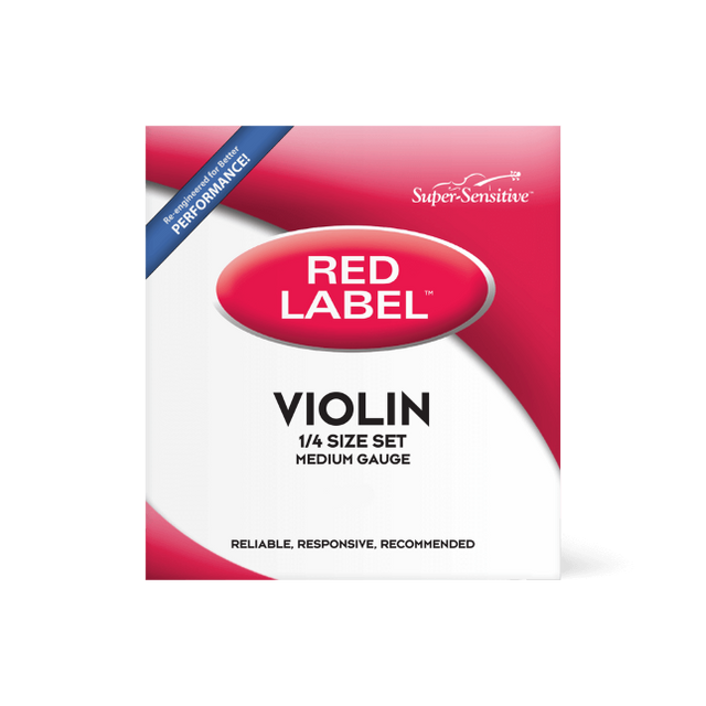 The image shows a package of Super-Sensitive Red Label violin strings, a complete medium gauge set for 1/4 size violins. The red and white packaging features a red oval with "RED LABEL," the brand name in the top right, and the tagline "Reliable, Responsive, Recommended." A blue banner marks it as a "Performance" grade product, ideal for student violinists and music education programs.