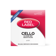 The image shows a package of Super-Sensitive Red Label cello strings, a full medium gauge set (product #6105) for a 4/4 cello. The packaging features red and white branding with "CELLO," "A4 SIZE SET," and "MEDIUM GAUGE" labels, a blue banner stating "REMARKABLE PERFORMANCE," and the tagline "RELIABLE, RESPONSIVE, RECOMMENDED." Red Label strings are favored by students and intermediate players for quality and affordability.