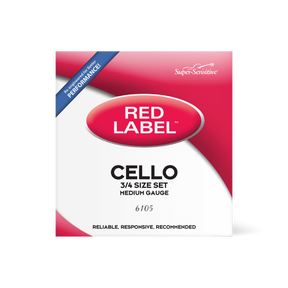 The image shows a package of Super-Sensitive Red Label cello strings, a full medium gauge set (product #6105) for a 4/4 cello. The packaging features red and white branding with "CELLO," "A4 SIZE SET," and "MEDIUM GAUGE" labels, a blue banner stating "REMARKABLE PERFORMANCE," and the tagline "RELIABLE, RESPONSIVE, RECOMMENDED." Red Label strings are favored by students and intermediate players for quality and affordability.
