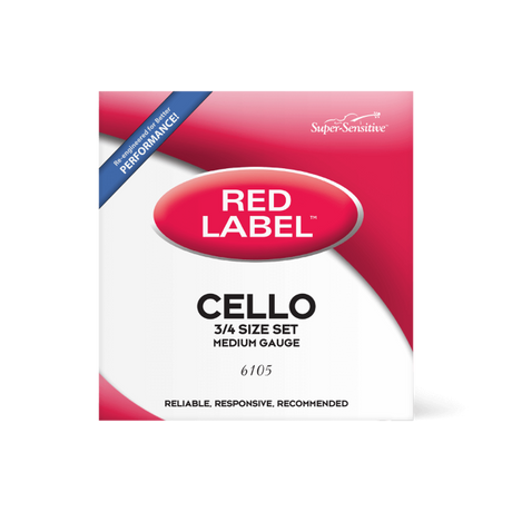 The image shows a package of Super-Sensitive Red Label cello strings, a full medium gauge set (product #6105) for a 4/4 cello. The packaging features red and white branding with "CELLO," "A4 SIZE SET," and "MEDIUM GAUGE" labels, a blue banner stating "REMARKABLE PERFORMANCE," and the tagline "RELIABLE, RESPONSIVE, RECOMMENDED." Red Label strings are favored by students and intermediate players for quality and affordability.