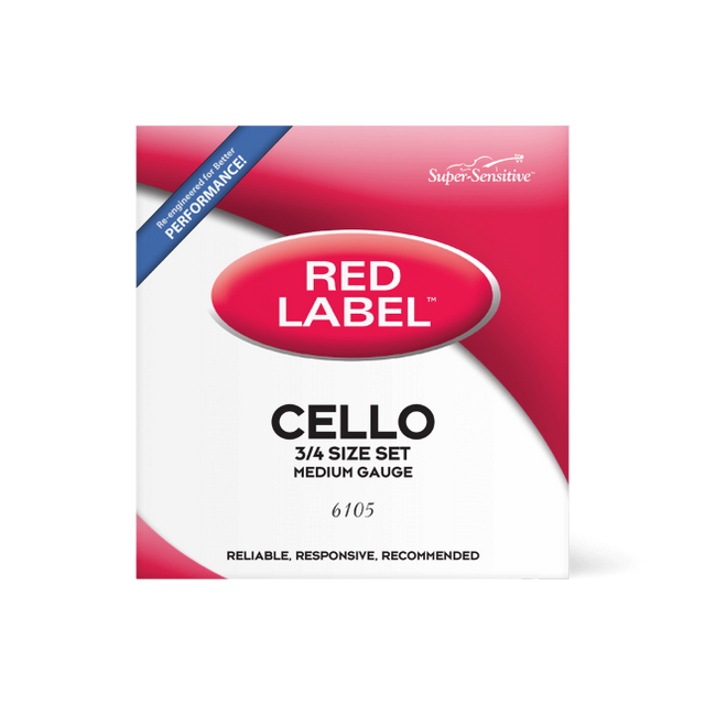 The image shows a package of Super-Sensitive Red Label cello strings, a full medium gauge set (product #6105) for a 4/4 cello. The packaging features red and white branding with "CELLO," "A4 SIZE SET," and "MEDIUM GAUGE" labels, a blue banner stating "REMARKABLE PERFORMANCE," and the tagline "RELIABLE, RESPONSIVE, RECOMMENDED." Red Label strings are favored by students and intermediate players for quality and affordability.