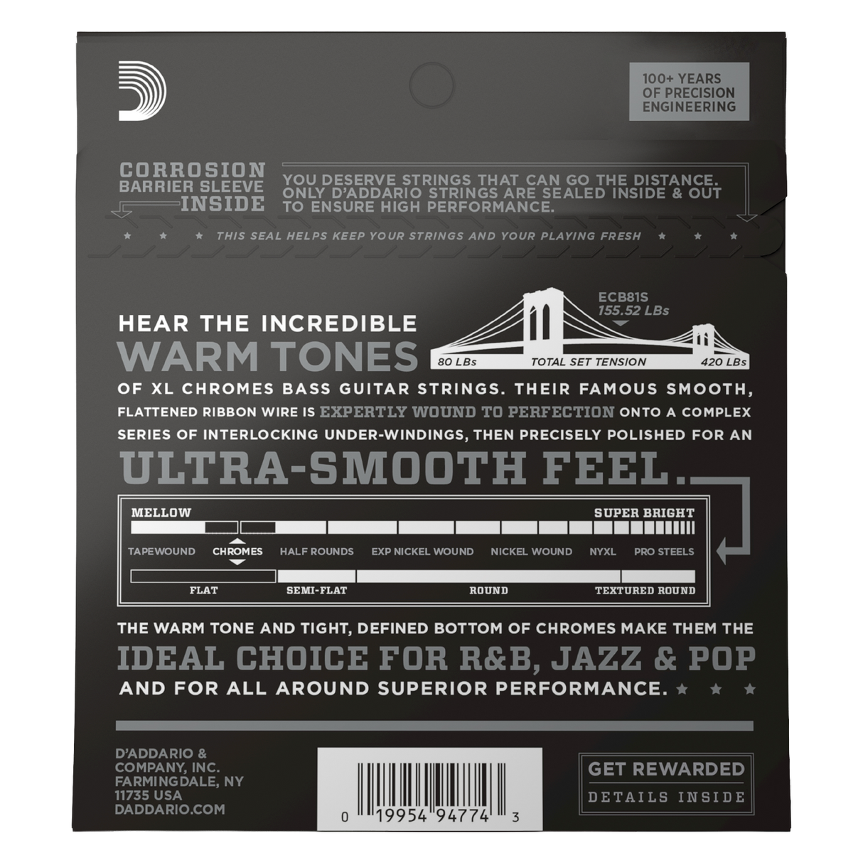 Backside of packaging for D'Addario ECB81S bass strings with product details