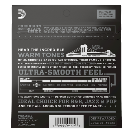 Backside of packaging for D'Addario ECB81S bass strings with product details