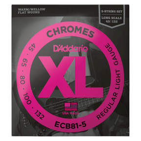 Packaging for D'Addario ECB81-5 bass guitar strings with brand details