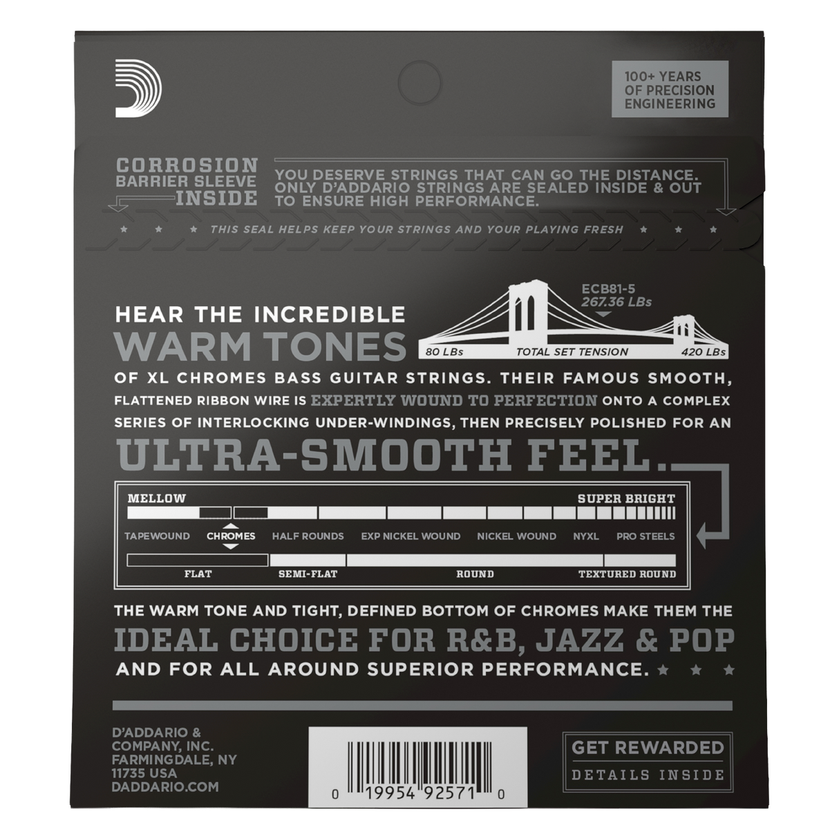 Backside of packaging for D'Addario ECB81-5 bass string with product details