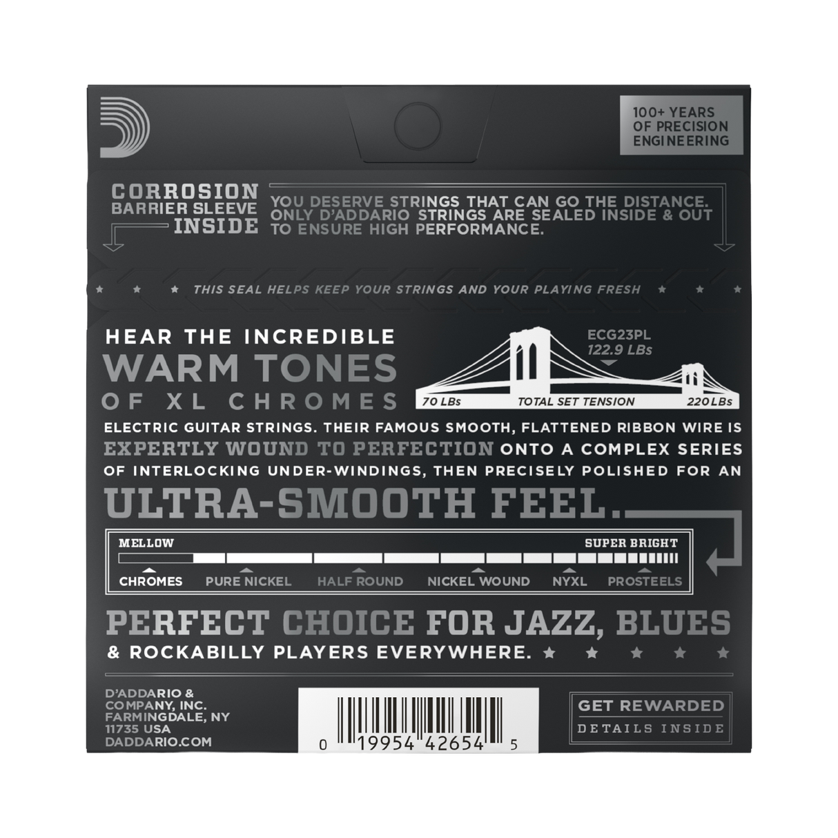 Backside of packaging for D'Addario ECG23 guitar strings with product details