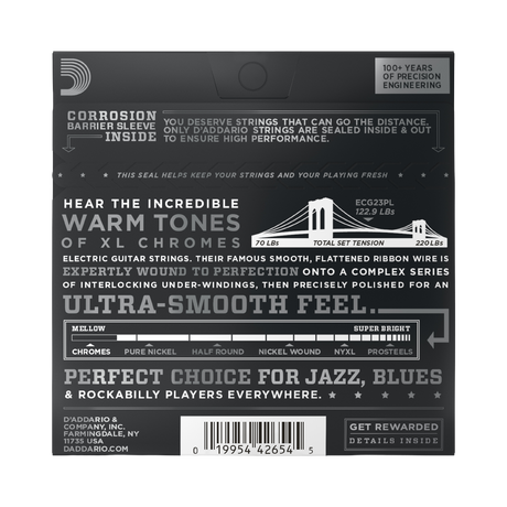 Backside of packaging for D'Addario ECG23 guitar strings with product details