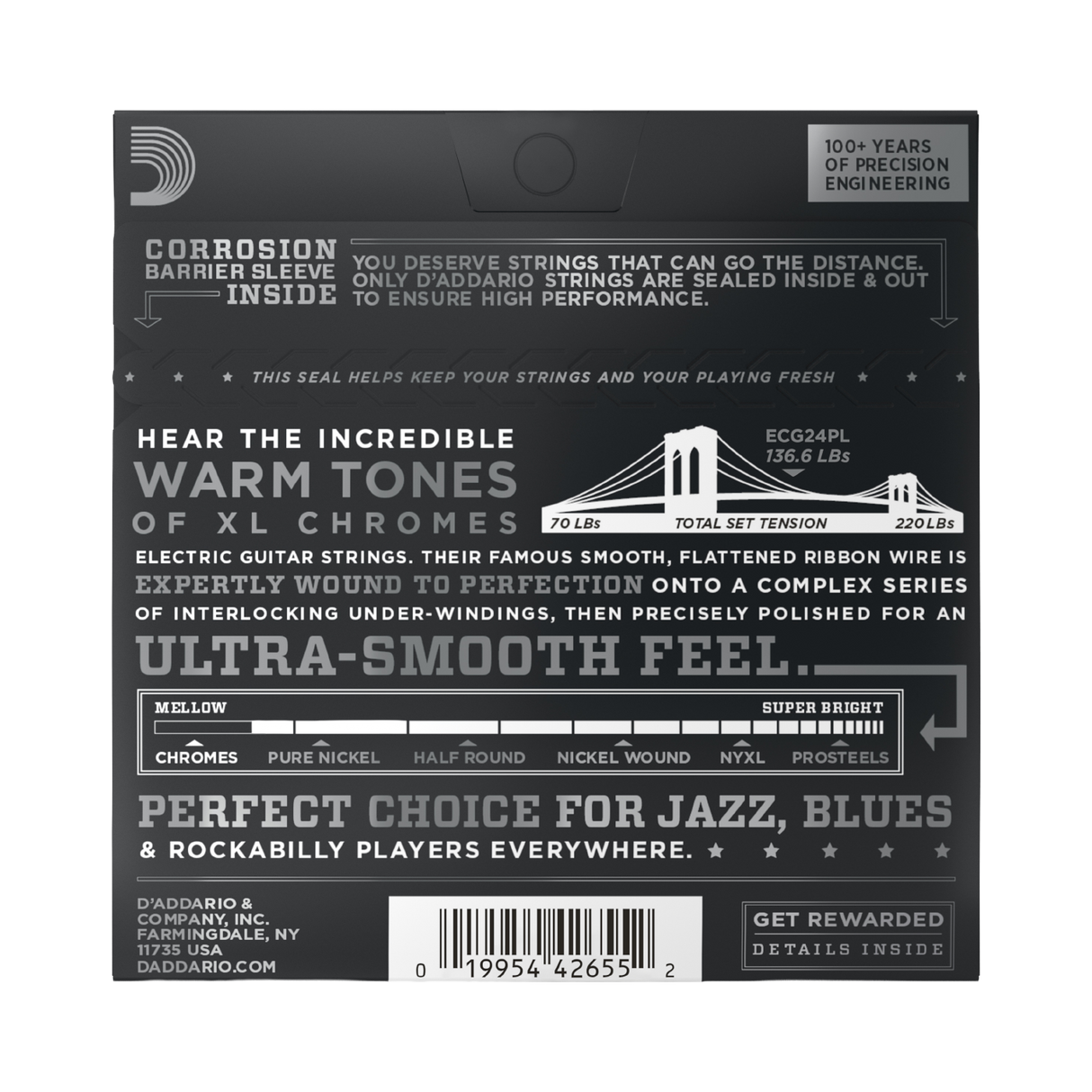 Backside of packaging for D'Addario ECG24 electric guitar strings with product details