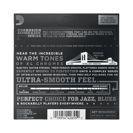 Backside of packaging for D'Addario ECG24 electric guitar strings with product details