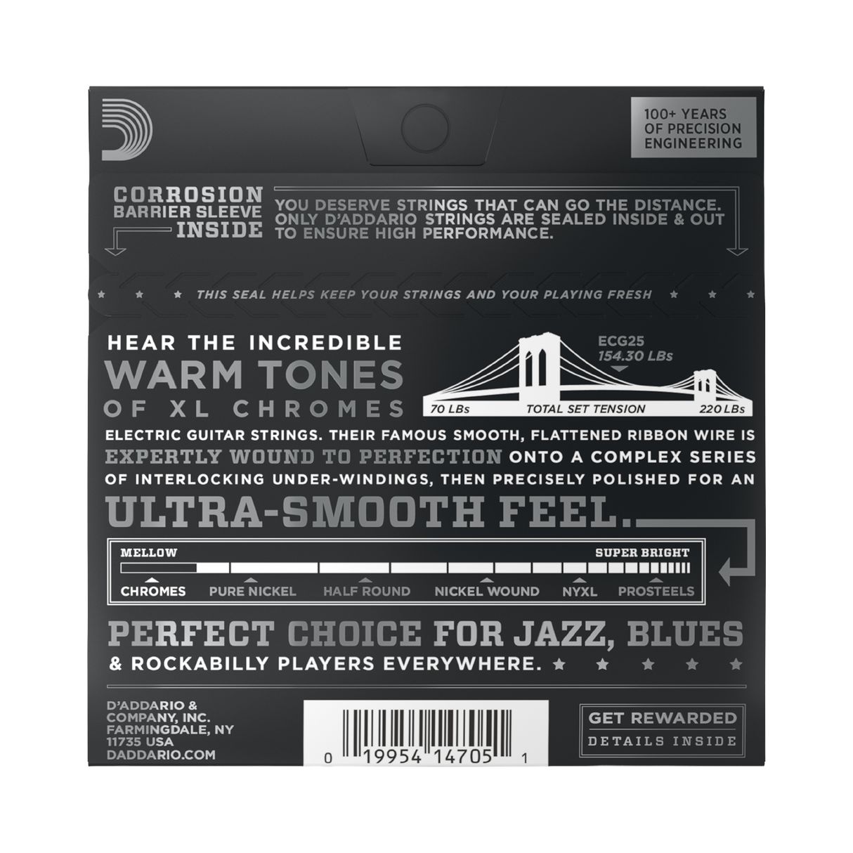 Backside of packaging for D'Addario ECG25 guitar strings with product details