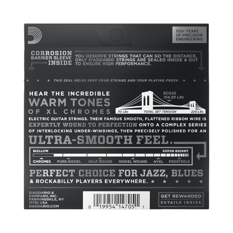 Backside of packaging for D'Addario ECG25 guitar strings with product details