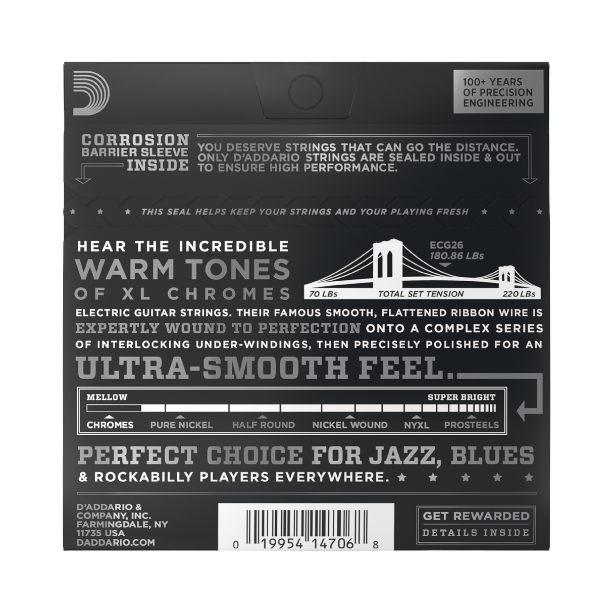 Backside of packaging for D'Addario ECG26 electric guitar strings with product details