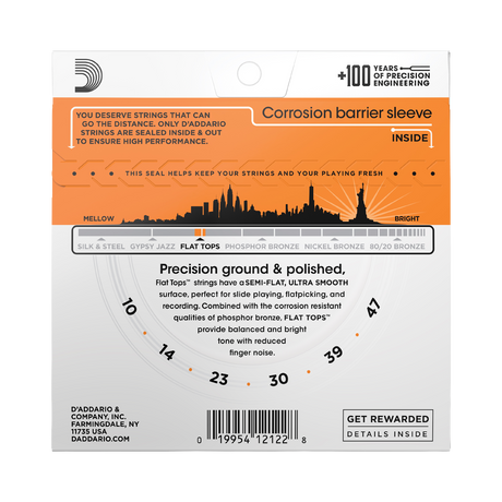 Backside of packaging for D'Addario EFT15 Flats acoustic guitar strings including product details