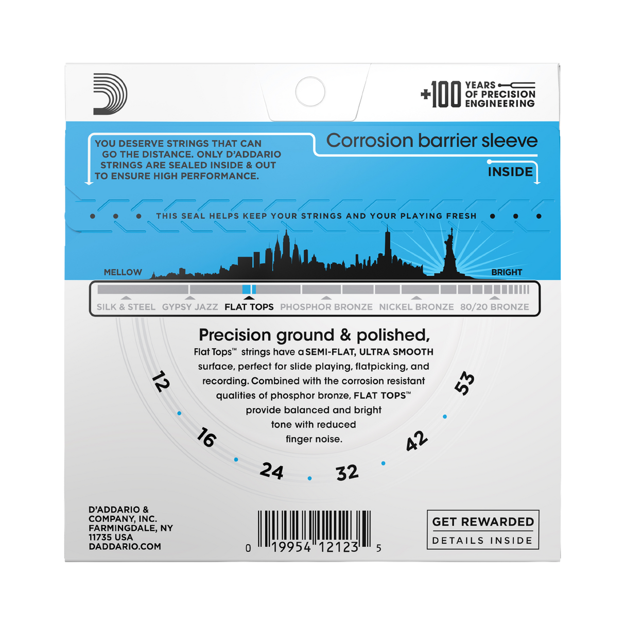 D'Addario Corrosion Barrier Sleeve string guide packaging, featuring a white and blue card with product specifications, a string gauge diagram, and a barcode.