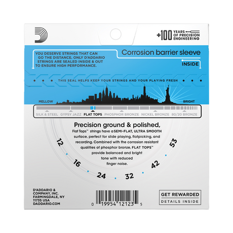 D'Addario Corrosion Barrier Sleeve string guide packaging, featuring a white and blue card with product specifications, a string gauge diagram, and a barcode.