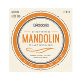 D'Addario 8-string mandolin flatwound string package, model EFW74, featuring warm tone strings with medium loop ends.