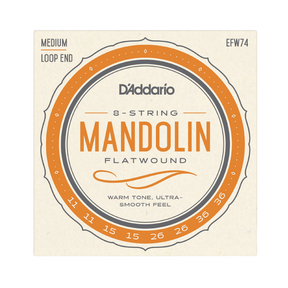 D'Addario 8-string mandolin flatwound string package, model EFW74, featuring warm tone strings with medium loop ends.